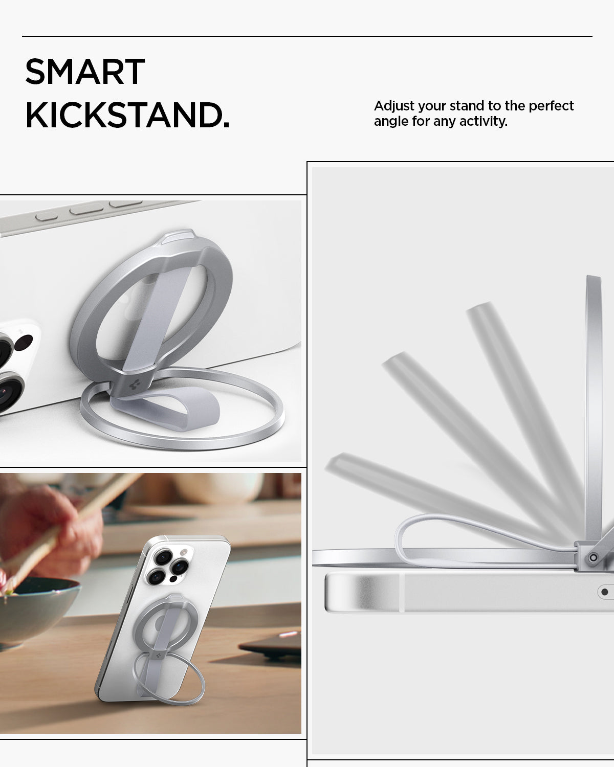 AMP10193 - O-Mag Magnetic Phone Holder (MagFit) | OM103 in Silver showing smart kickstand. adjust your stand to the perfect angle for any activity.