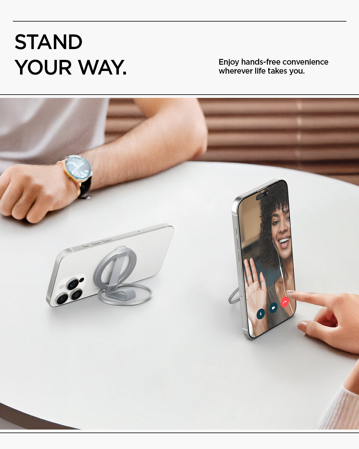 AMP10193 - O-Mag Magnetic Phone Holder (MagFit) | OM103 in Silver showing stand your way. enjoy hands free convenience wherever life takes you