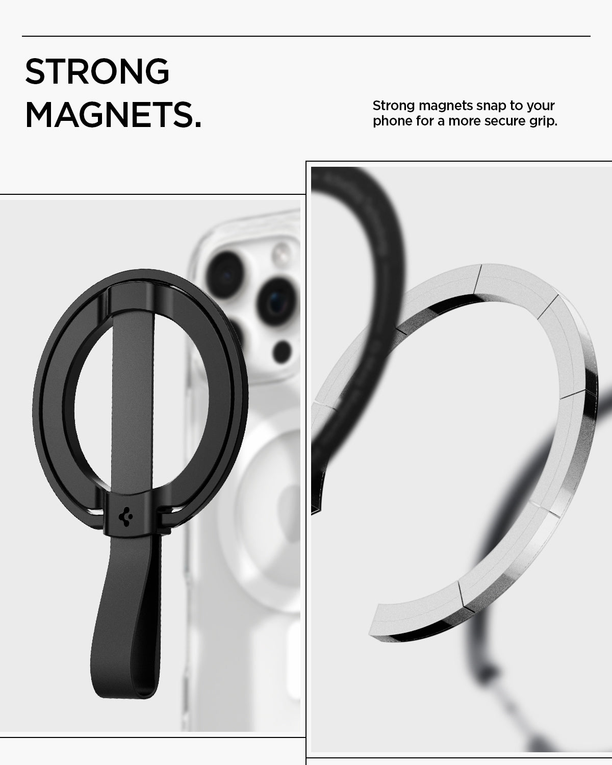 AMP08551 - O-Mag Magnetic Phone Holder (MagFit) | OM103 in Black showing strong magnets. strong magnets snap to your phone for a more secure grip
