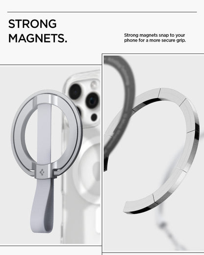 AMP10193 - O-Mag Magnetic Phone Holder (MagFit) | OM103 in Silver showing strong magnets. strong magnets snap to your phone for a more secure grip