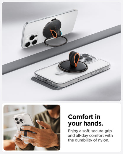 AMP08552 - O-Mag Magnetic Phone Holder (MagFit) OM104 in Black showing the comfort in you hands. Enjoy a soft, secure grip and all-day comfort with the durability of nylon