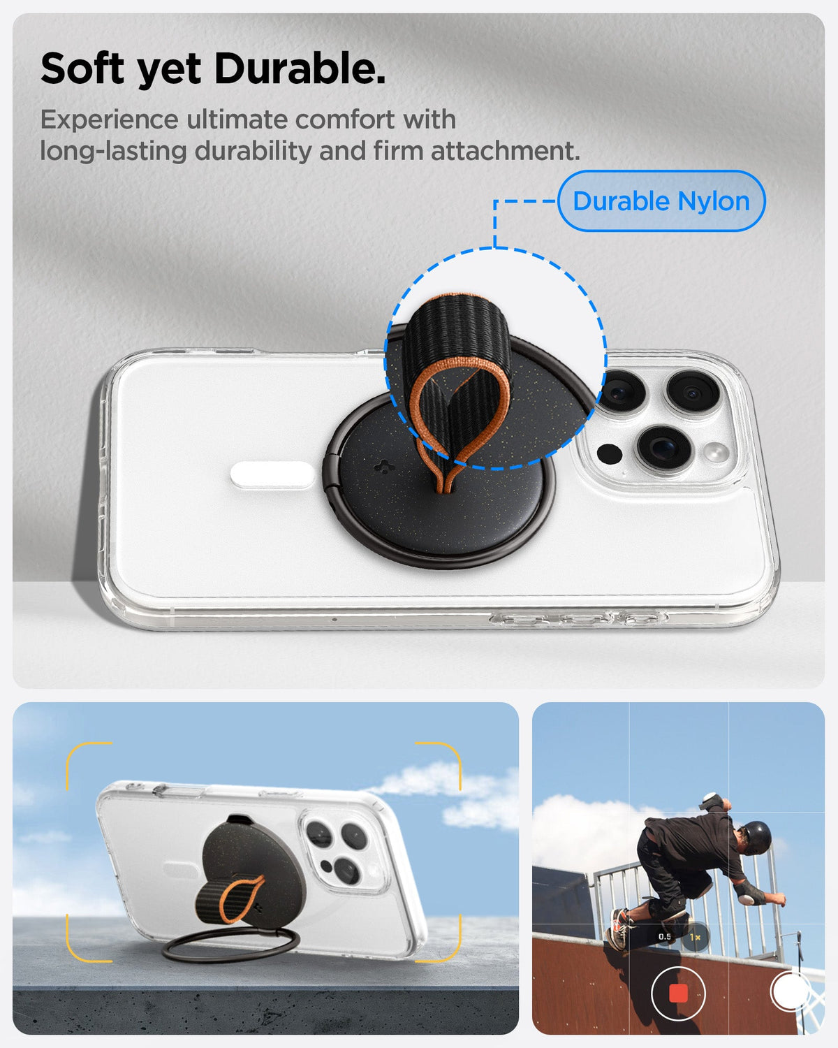 AMP08552 - O-Mag Magnetic Phone Holder (MagFit) OM104 in Black showing the soft yet durable. Experience ultimate comfort with long-lasting durability and firm attachment. Made with durable nylon