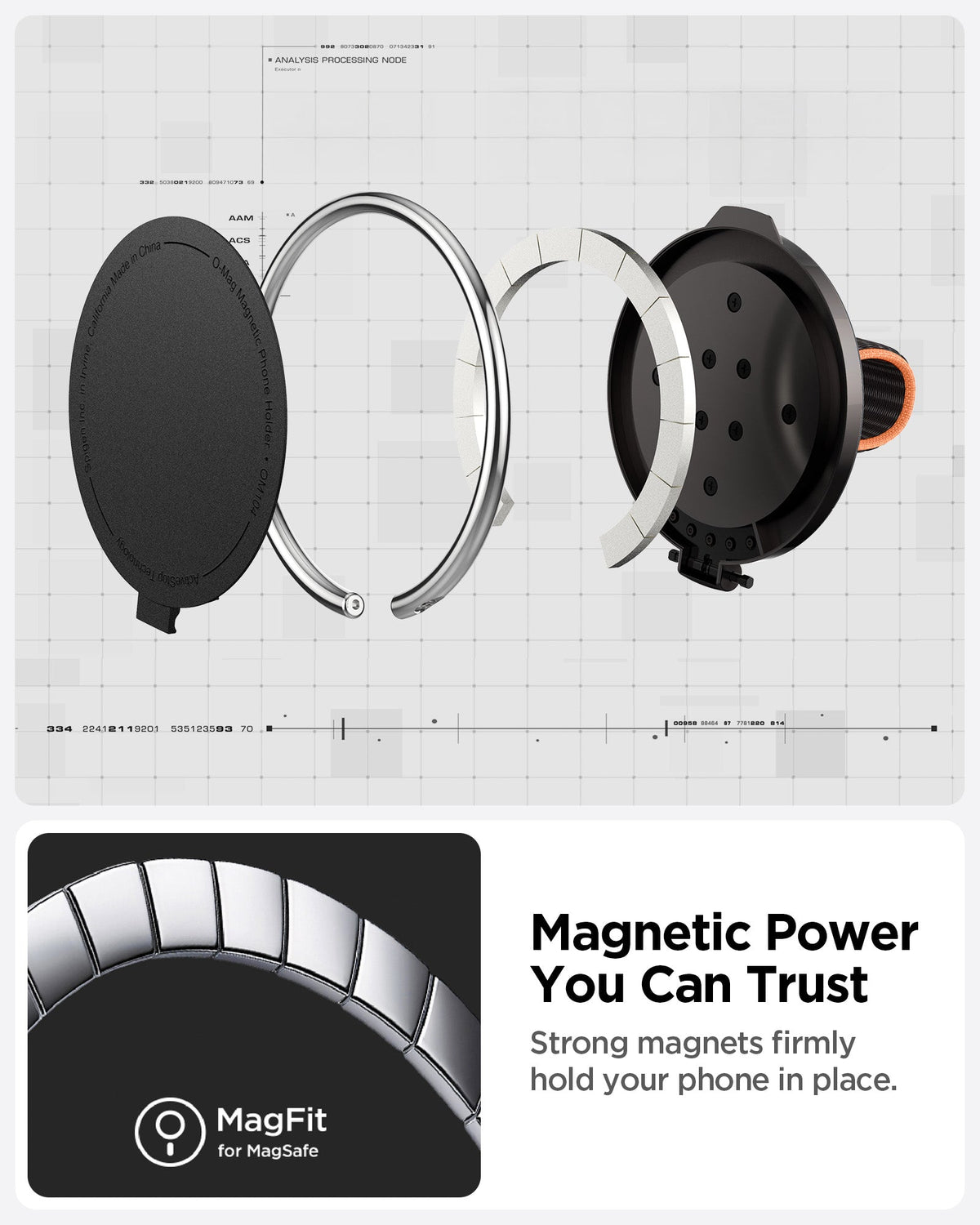 AMP08552 - O-Mag Magnetic Phone Holder (MagFit) OM104 in Black showing the magnetic power you can trust. Strong magnets firmly hold your phone in place