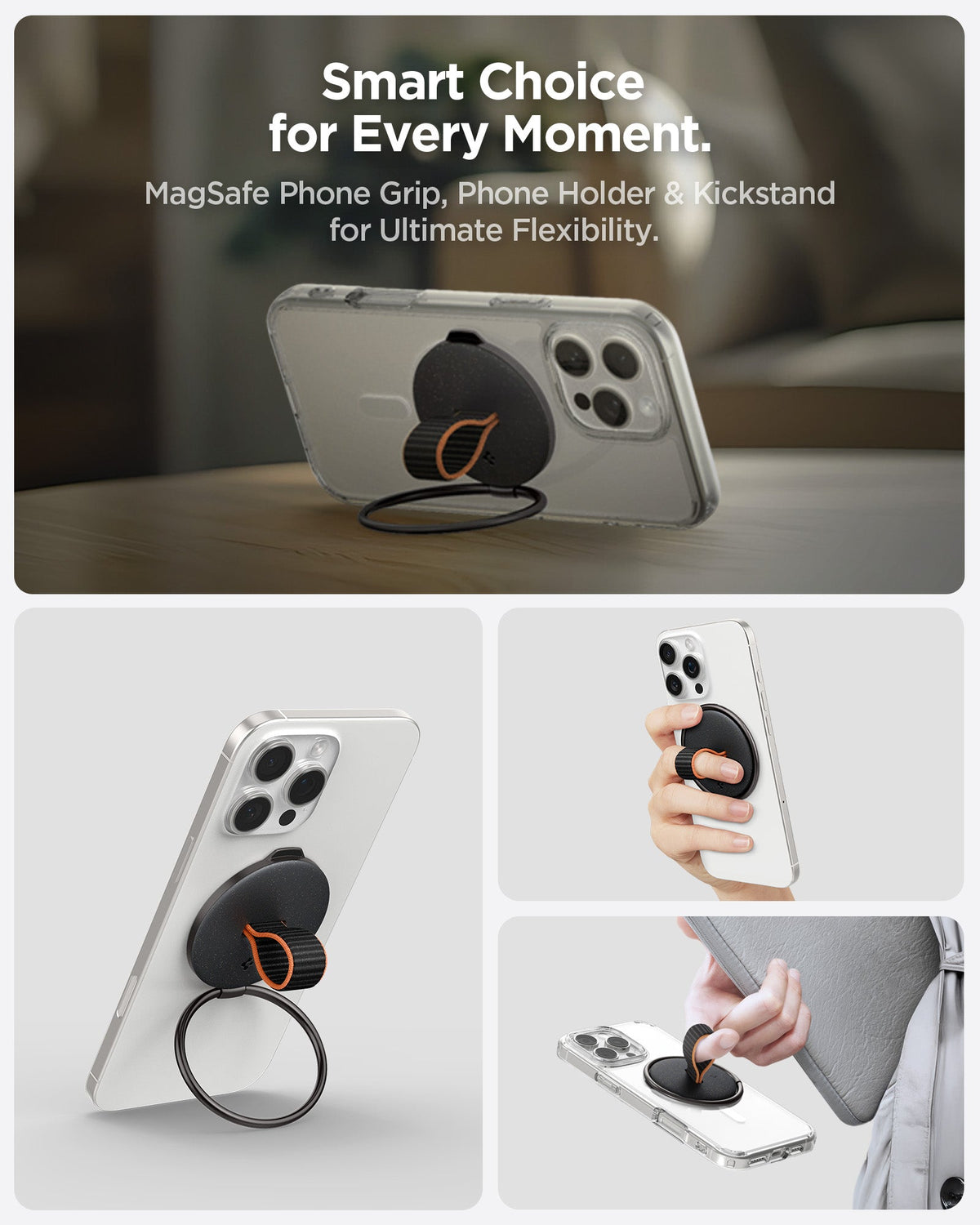 AMP08552 - O-Mag Magnetic Phone Holder (MagFit) OM104 in Black showing the smart choice for every moment. MagSafe Phone Grip, Phone Holder and Kickstand for Ultimate Flexibility
