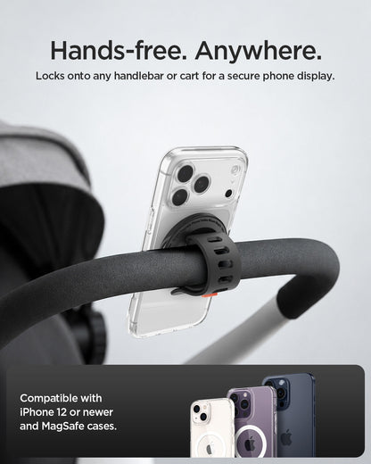 AMP11740 - Stroller Mount | OM200 (Mag Fit) showing a phone magnetically mounted to a stroller handle with an adjustable strap