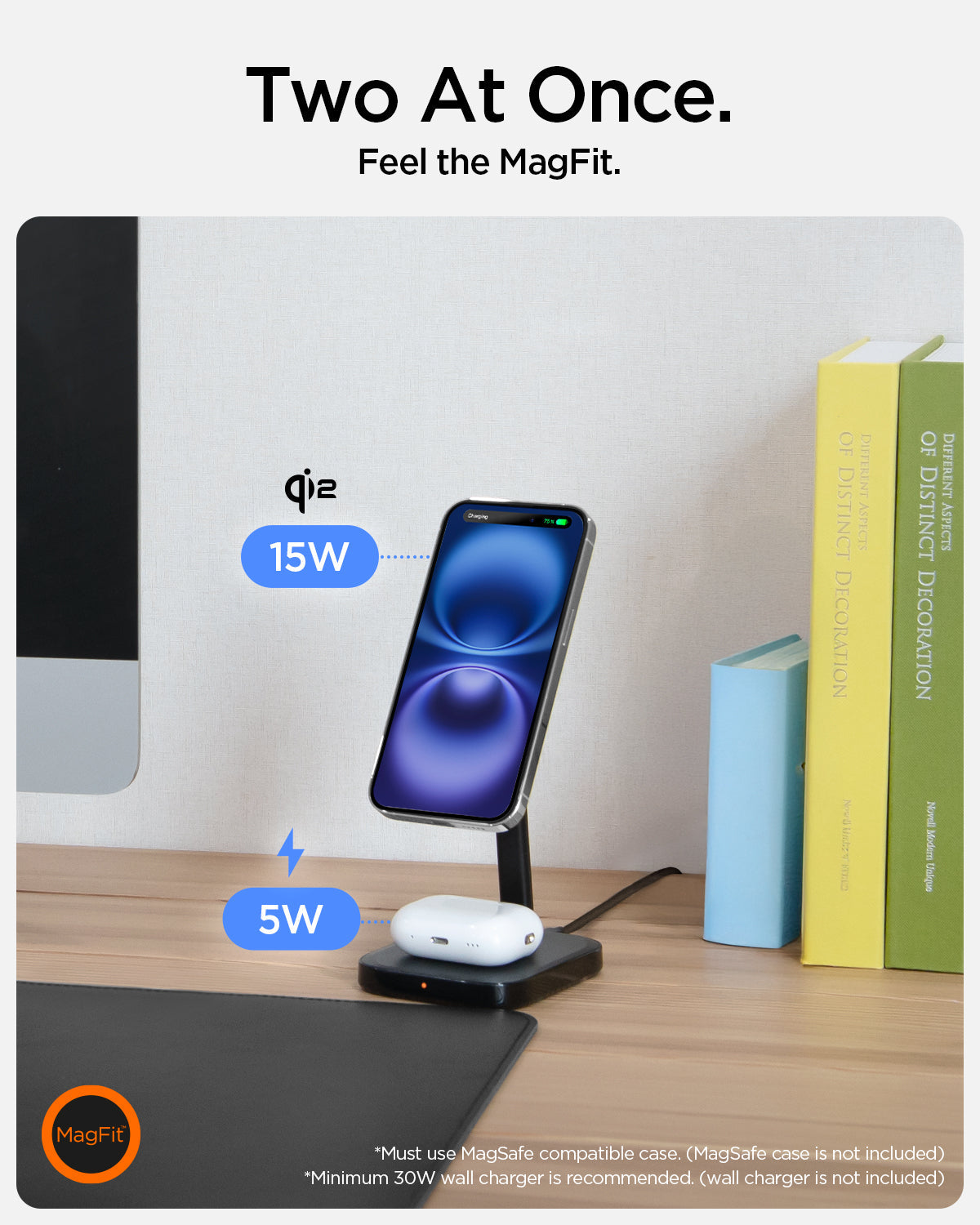 ACH08937 - ArcField™ Magnetic Wireless Charger Stand | PF2402 (MagFit) in Black showing the two at once. Feel the MagFit, 15W and 5W