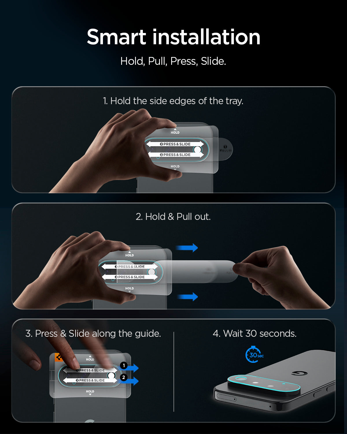 AGL11484 - Pixel 11 Pro Optik EZ Fit Lens Protector installation steps show holding, pulling, pressing, sliding, and waiting 30 seconds.