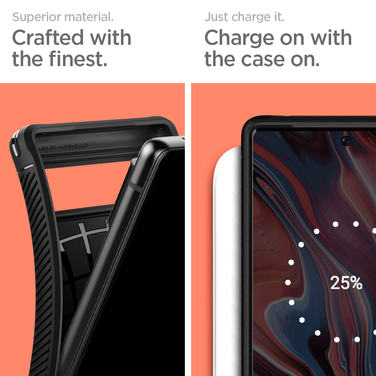 ACS03437 - Pixel 6 Case Rugged Armor in matte black superior material. crafted with the finest. just charge it. charge on with the case on.