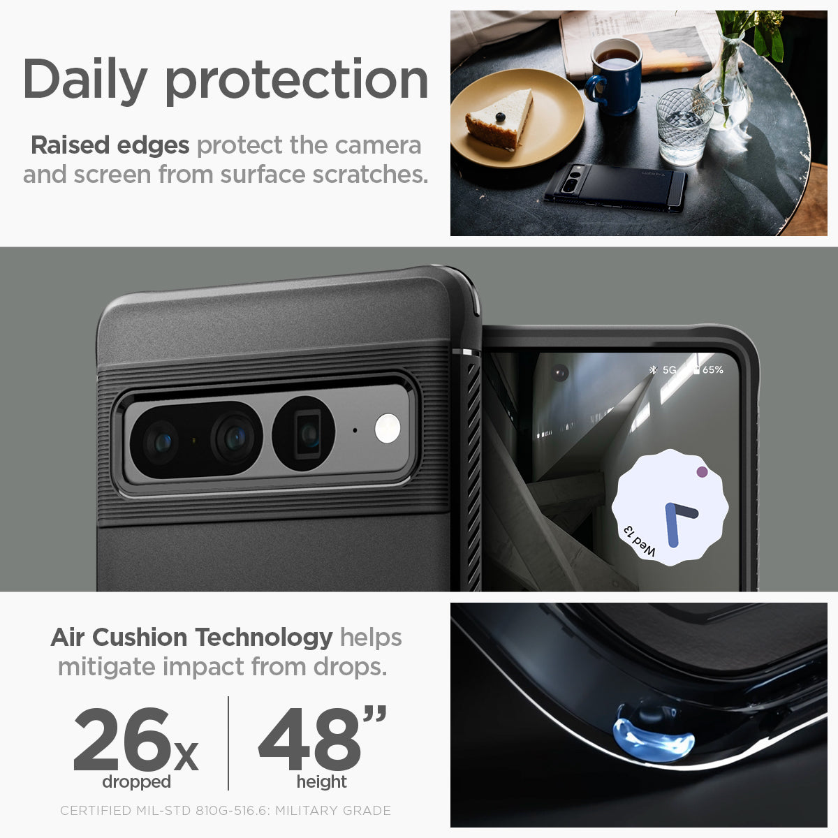ACS04725 - Pixel 7 Pro Case Rugged Armor in matte black daily protection raised edges protect the camera and screen from surface scratches. Air cushion technology helps mitigate impact from drops.