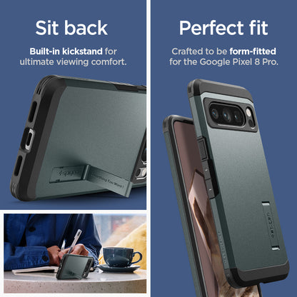 ACS06322 - Pixel 8 Pro Case Tough Armor in abyss green sit back built in kick stand for ultimate viewing comfort. Perfect fit crafted to be form fitted for the google pixel.