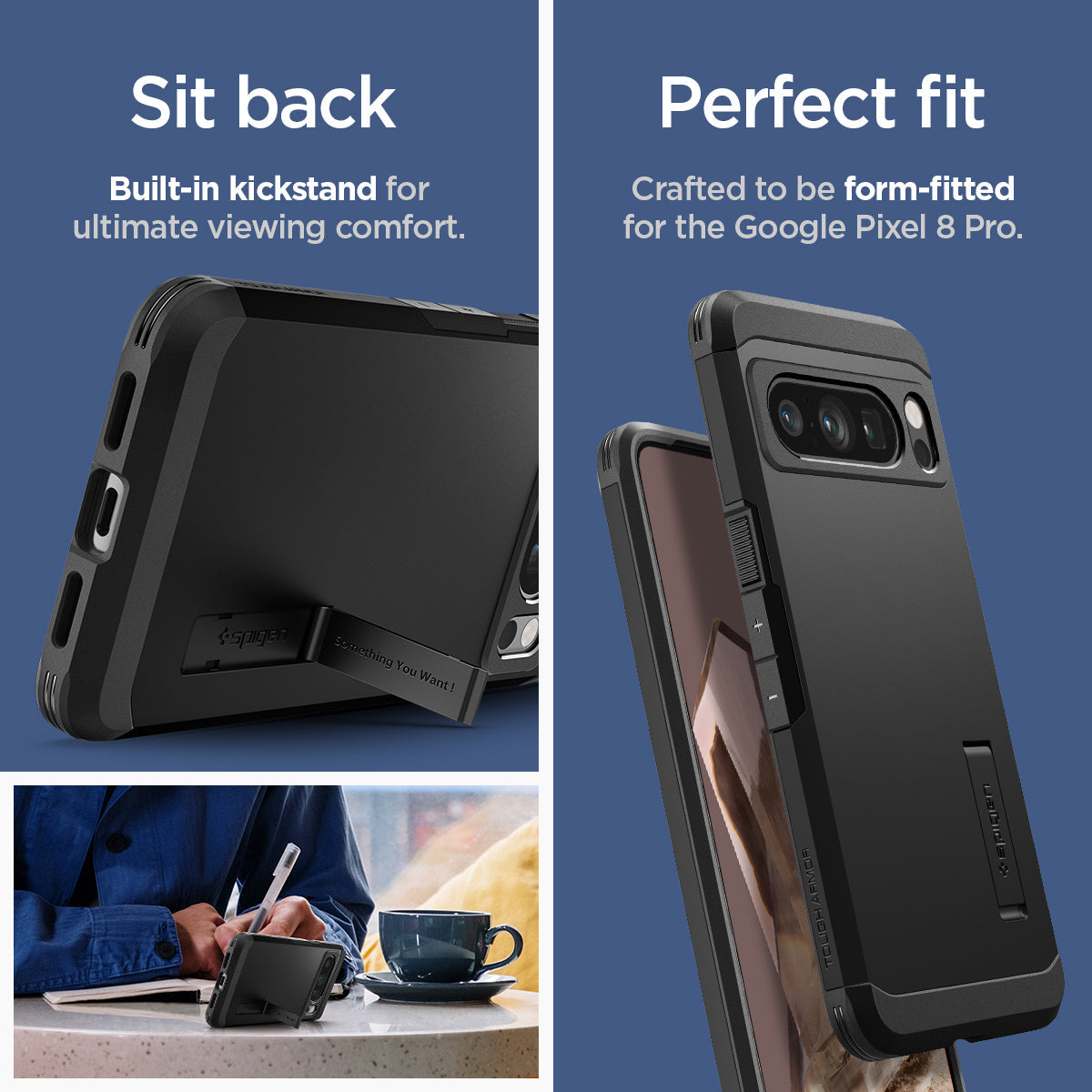 ACS06319 - Pixel 8 Pro Case Tough Armor in black sit back built in kick stand for ultimate viewing comfort. Perfect fit crafted to be form fitted for the google pixel.