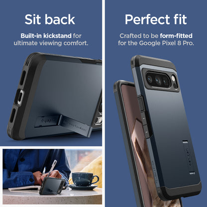 ACS06320 - Pixel 8 Pro Case Tough Armor in metal slate sit back built in kick stand for ultimate viewing comfort. Perfect fit crafted to be form fitted for the google pixel.