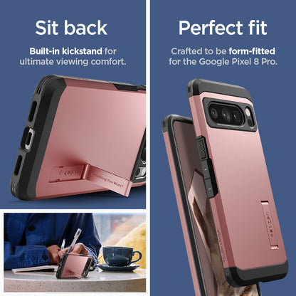 ACS06321 - Pixel 8 Pro Case Tough Armor in rose gold sit back built in kick stand for ultimate viewing comfort. Perfect fit crafted to be form fitted for the google pixel.