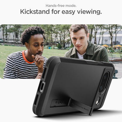 ACS06282 - Pixel 8 Case Tough Armor in black showing the Hands-free mode. Kickstand for easy viewing
