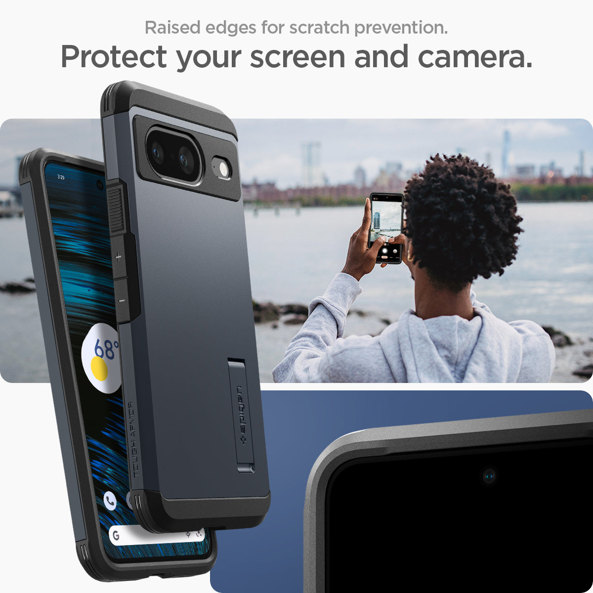 ACS06283 - Pixel 8 Case Tough Armor in metal slate showing the raised edges for scratch prevention. Protect your screen and camera