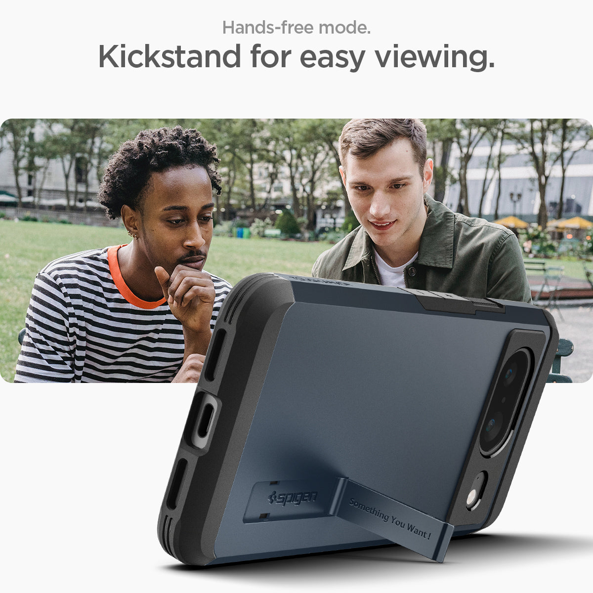 ACS06283 - Pixel 8 Case Tough Armor in metal slate showing the Hands-free mode. Kickstand for easy viewing