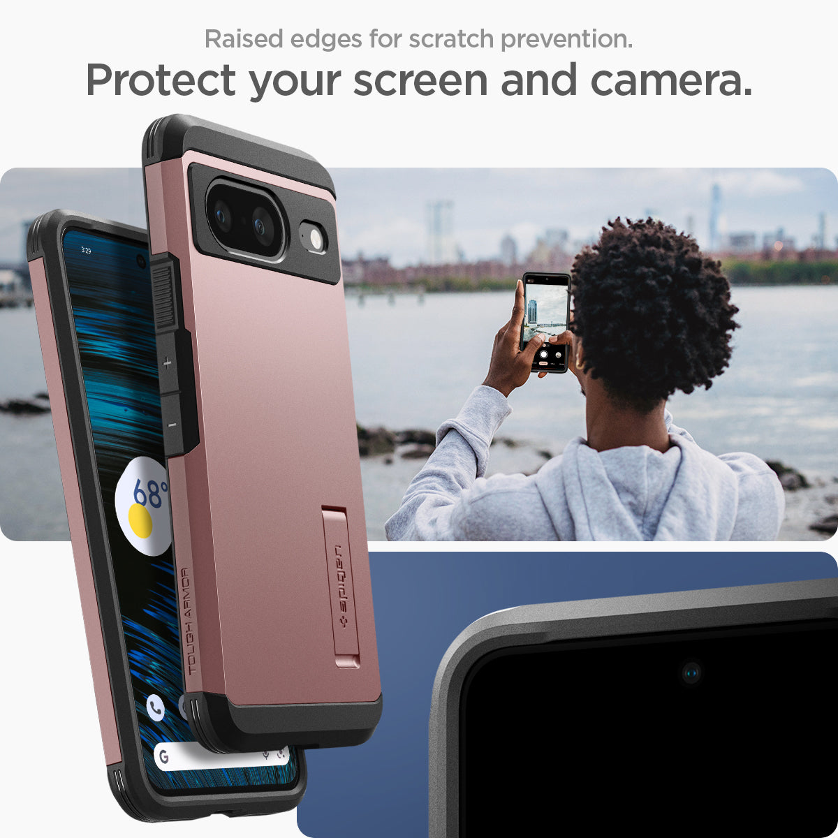 ACS06284 - Pixel 8 Case Tough Armor in rose gold showing the raised edges for scratch prevention. Protect your screen and camera