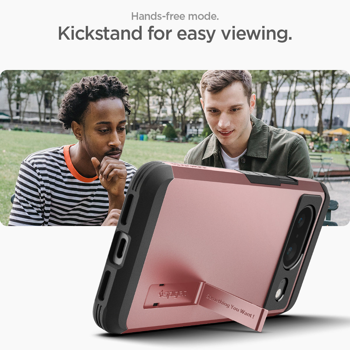 ACS06284 - Pixel 8 Case Tough Armor in rose gold showing the Hands-free mode. Kickstand for easy viewing