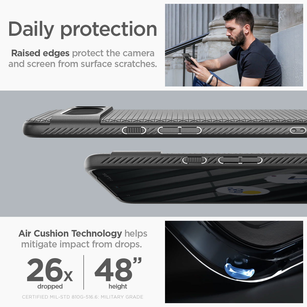 ACS06311 - Pixel 8 Pro Case Liquid Air in Matte Black daily protection raised edges protect the camera and screen from surface scratches. Air cushion technology helps mitigate impact from drops.