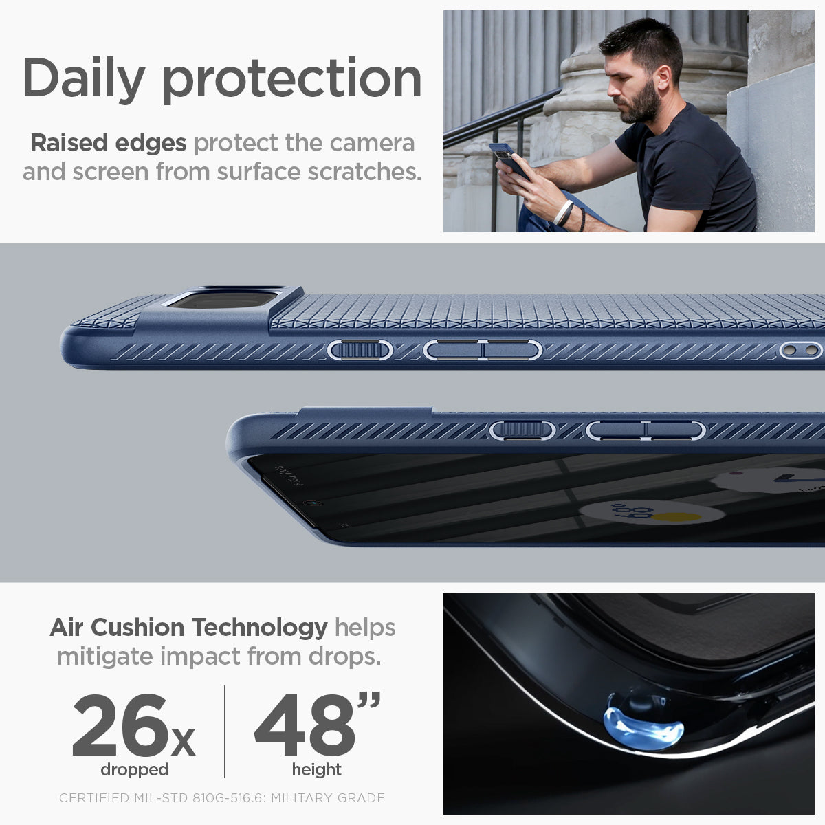ACS06312 - Pixel 8 Pro Case Liquid Air in navy blue daily protection raised edges protect the camera and screen from surface scratches. Air cushion technology helps mitigate impact from drops.