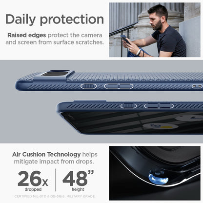 ACS06312 - Pixel 8 Pro Case Liquid Air in navy blue daily protection raised edges protect the camera and screen from surface scratches. Air cushion technology helps mitigate impact from drops.