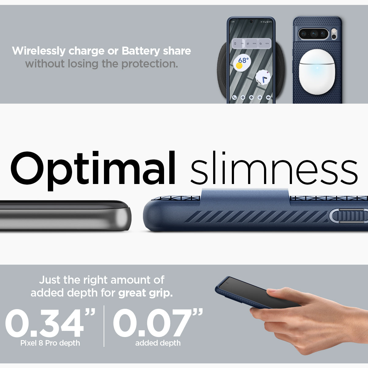 ACS06312 - Pixel 8 Pro Case Liquid Air in navy blue wirelessly charge or battery share without losing the protection. Optimal slimness. Just the right amount of added depth for great grip.