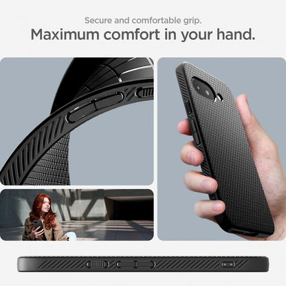 ACS09039 - Pixel 9a Case Liquid Air in Matte Black showing the secure and comfortable grip. Maximum comfort in your hand