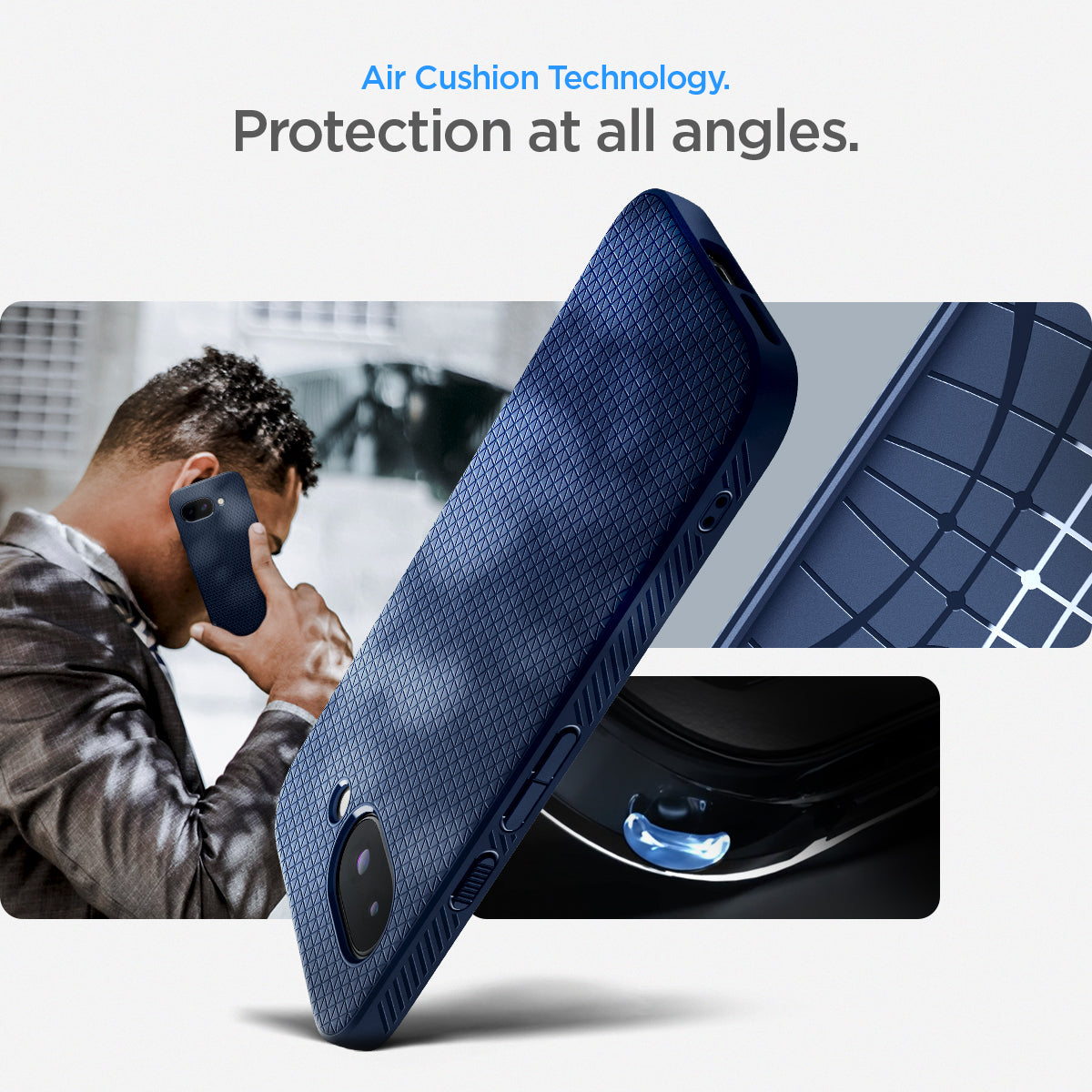 ACS09040 - Pixel 9a Case Liquid Air in Navy Blue showing the Air Cushion Technology. Protection at all angles