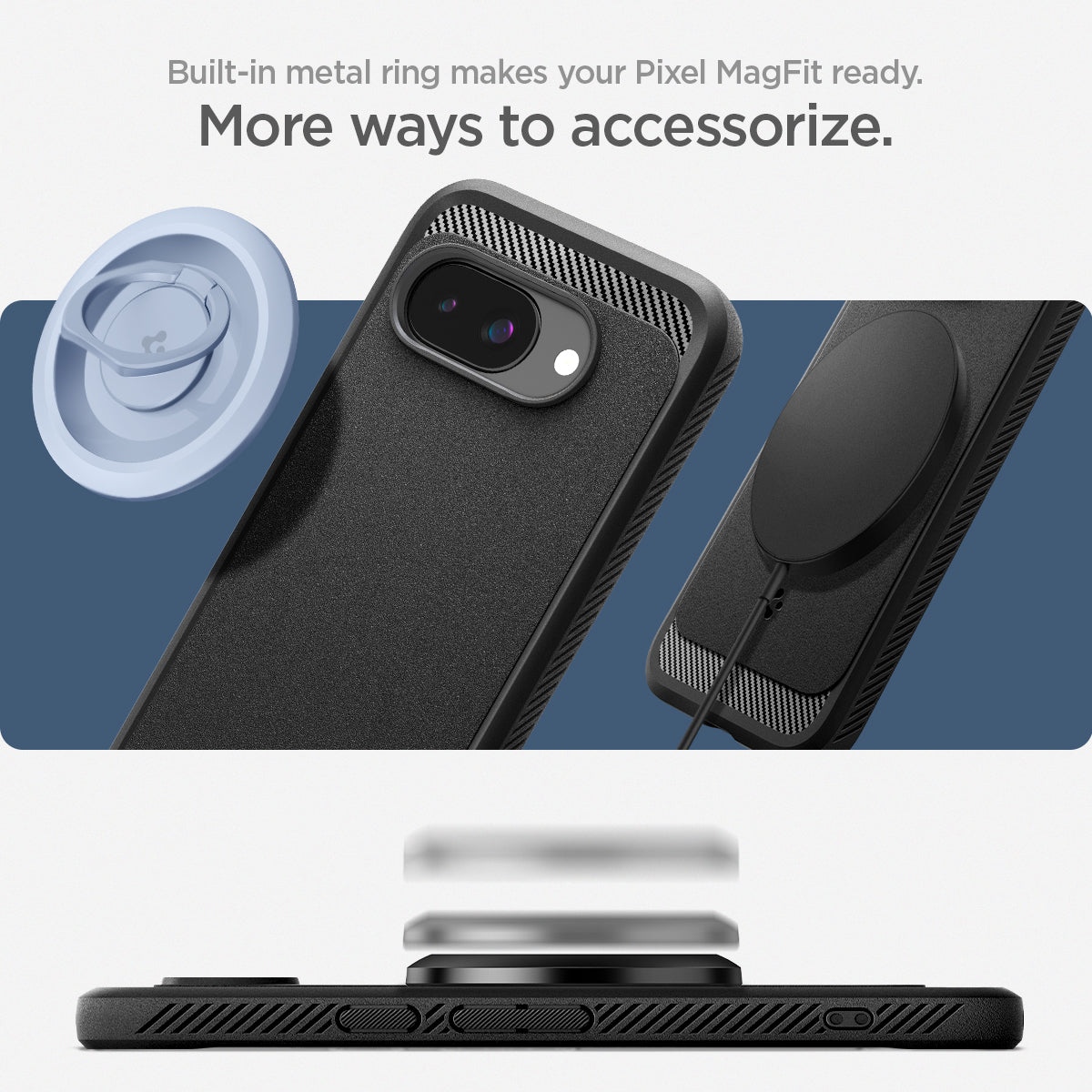 ACS09041 - Pixel 9a Case Rugged Armor (MagFit) in black showing the built-in metal ring makes your pixel Mag Fit ready