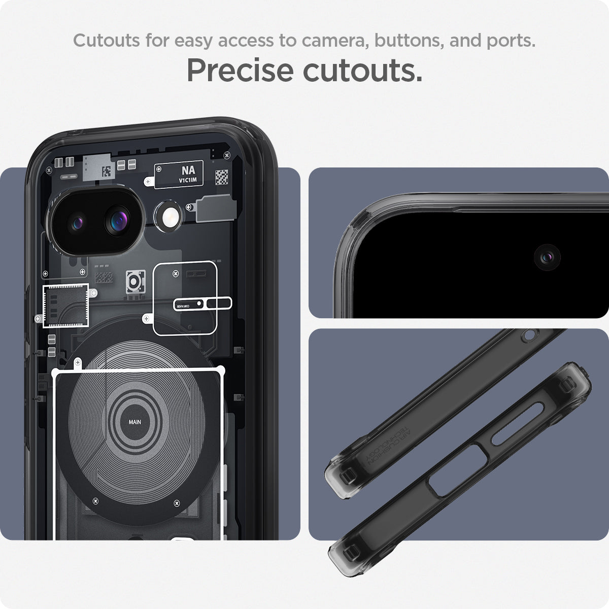 ACS09044 - Pixel 9a Case Ultra Hybrid Zero One showing the cutouts for easy access to camera, buttons, and ports. Precise cutouts