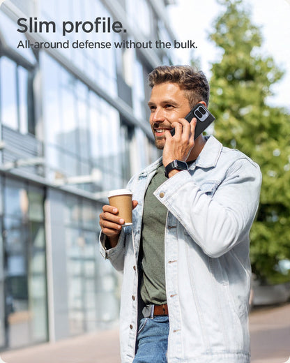 ACS09741 - Pixel 10 Pro Fold Case Slim Armor Pro (MagFit) in black showing a man talking on the phone. Slim profile and all-around defense without the bulk.