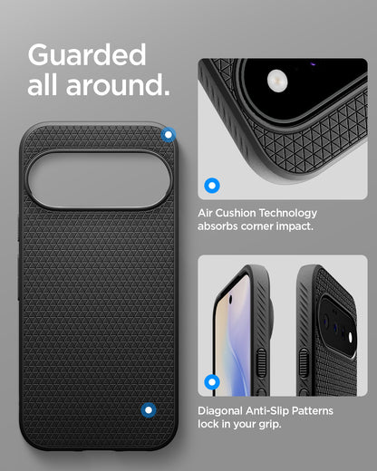 ACS11439 - Pixel 11 Liquid Air (Mag Fit) Matte Black close up highlighting Air Cushion Technology, textured side grips, and corner protection.