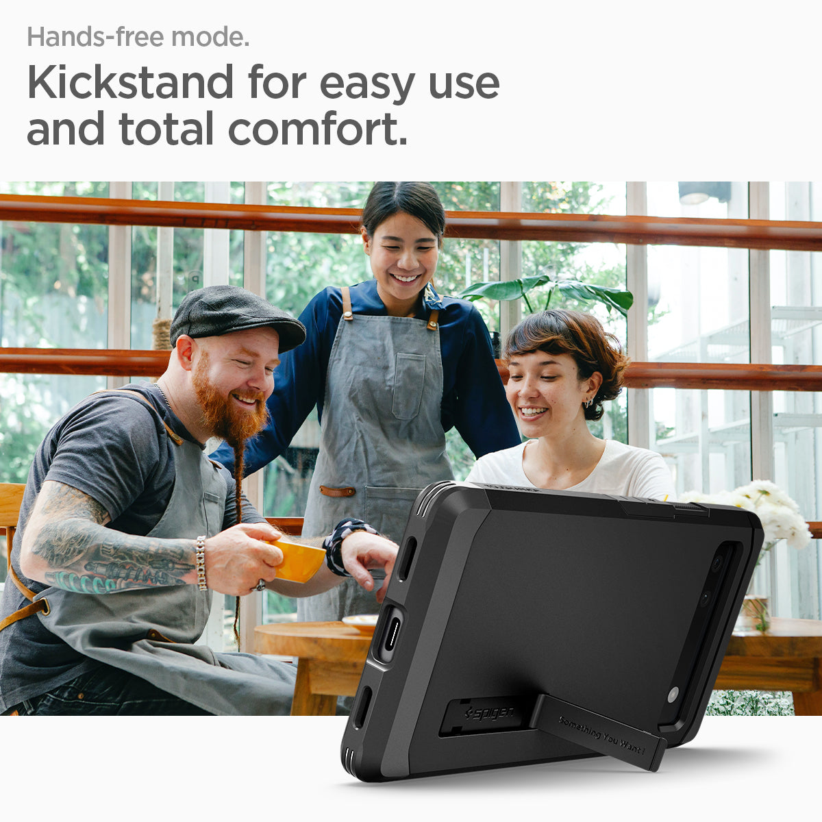 ACS04479 - Pixel 6a Case Tough Armor in black hands free mode. kick stand for easy use and total comfort.