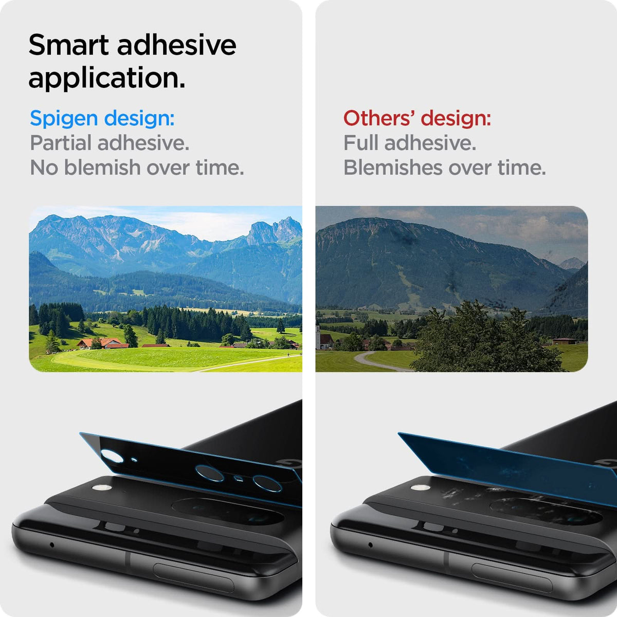AGL05471 - Pixel 7 Optik Lens Protector in black smart adhensive application. Spigen design partial adhesive. No blemish over time.