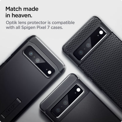 AGL05471 - Pixel 7 Optik Lens Protector in black match made in heaven. Optik lens protector is compatible with all Spigen pixel 7 pro cases.