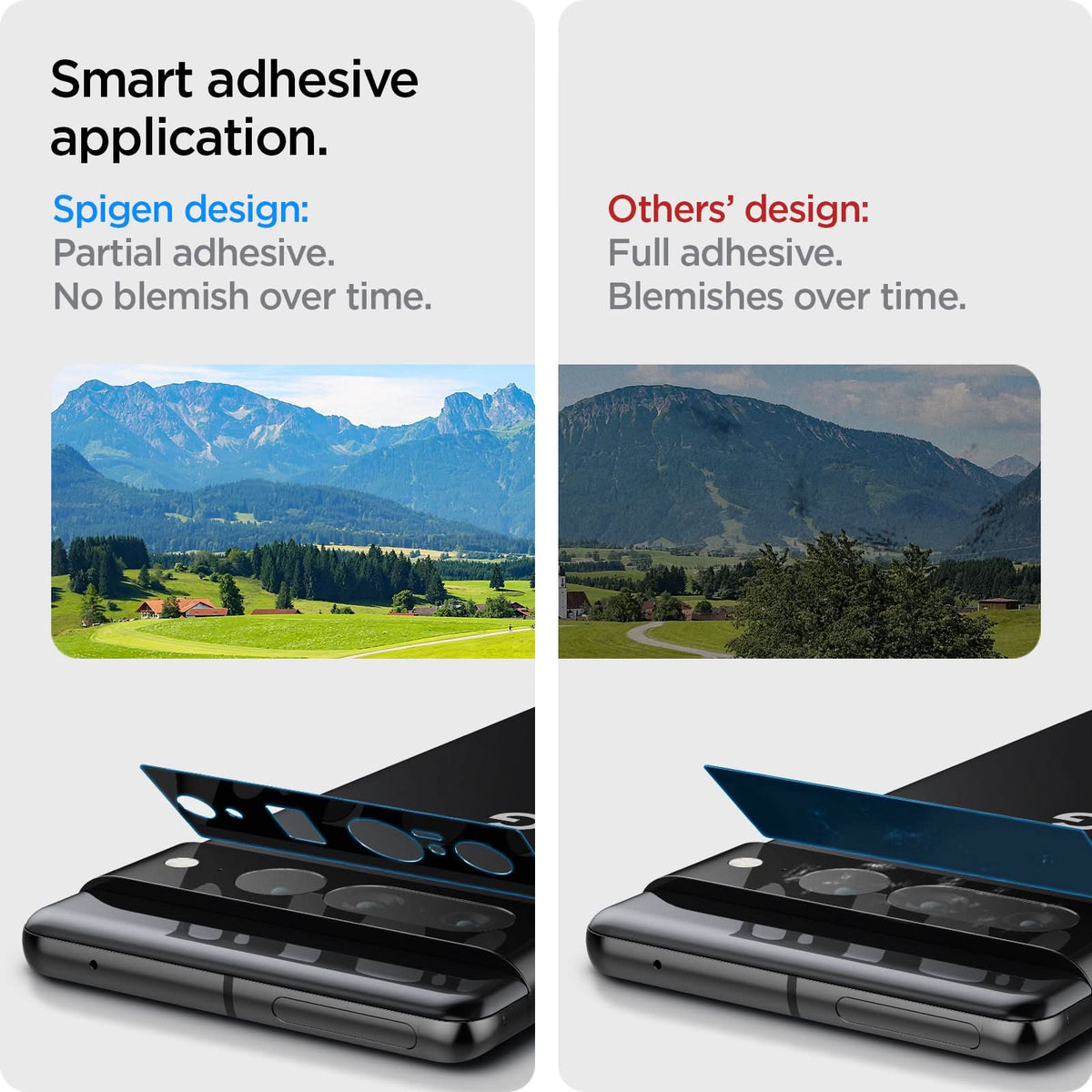 AGL05470 - Pixel 7 Pro Optik Lens Protector in black smart adhensive application. Spigen design partial adhesive. No blemish over time.