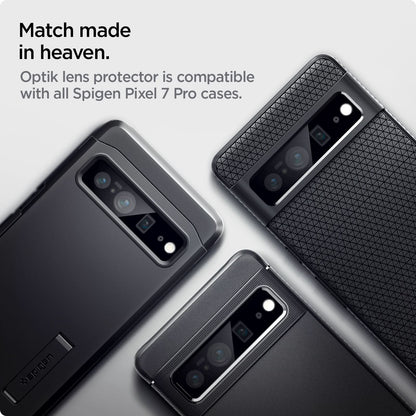 AGL05470 - Pixel 7 Pro Optik Lens Protector in black match made in heaven. Optik lens protector is compatible with all Spigen pixel 7 pro cases.