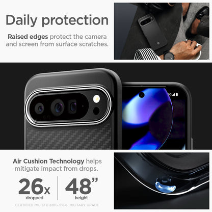 ACS07734 - Pixel 9 Pro XL Case Enzo Aramid in Matte Black daily protection raised edges protect the camera and screen from surface scratches. Air cushion technology helps mitigate impact from drops.