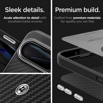 ACS07734 - Pixel 9 Pro XL Case Enzo Aramid in Matte Black sleek details. Acute attention to detail with anodized metal accents. premium build. crafted from premium materials for quality you can feel.