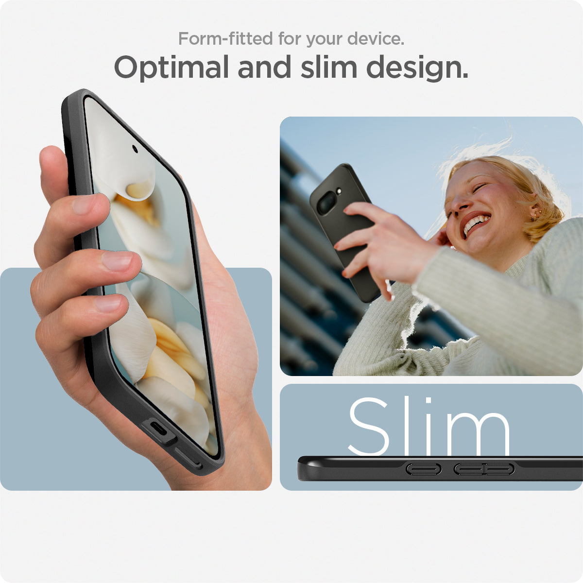 ACS09037 - Pixel 9a Case Thin Fit (MagFit) in Black showing the Form-fitted for your device. Optimal and slim design