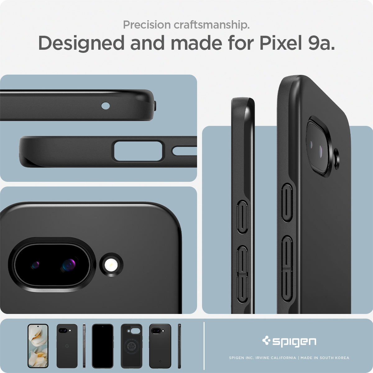 ACS09037 - Pixel 9a Case Thin Fit (MagFit) in Black showing the precision craftsmanship. Designed and made for Pixel 9a showing different angles