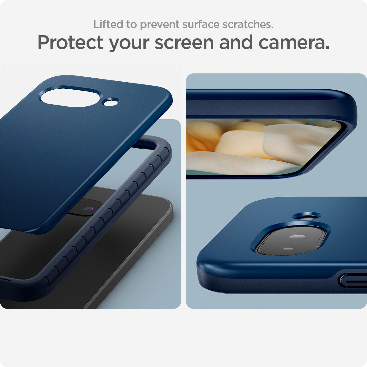 ACS09038 - Pixel 9a Case Thin Fit (MagFit) in Navy Blue showing the lifted surface to prevent surface scratches. Protect your screen and camera