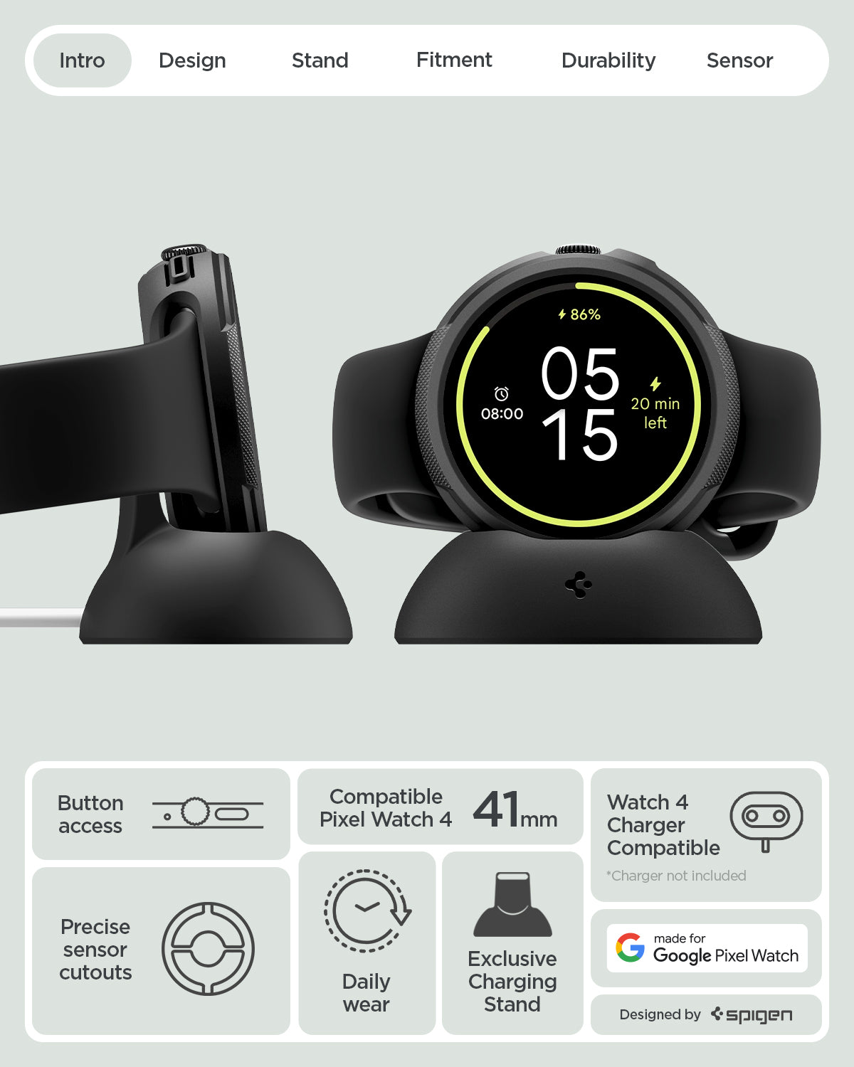 ACS09483 - Pixel Watch 4 (41mm) Case Liquid Air in black showing the button access, precise sensor cutouts, exclusive charging stand and compatibility with Pixel Watch 4 41mm