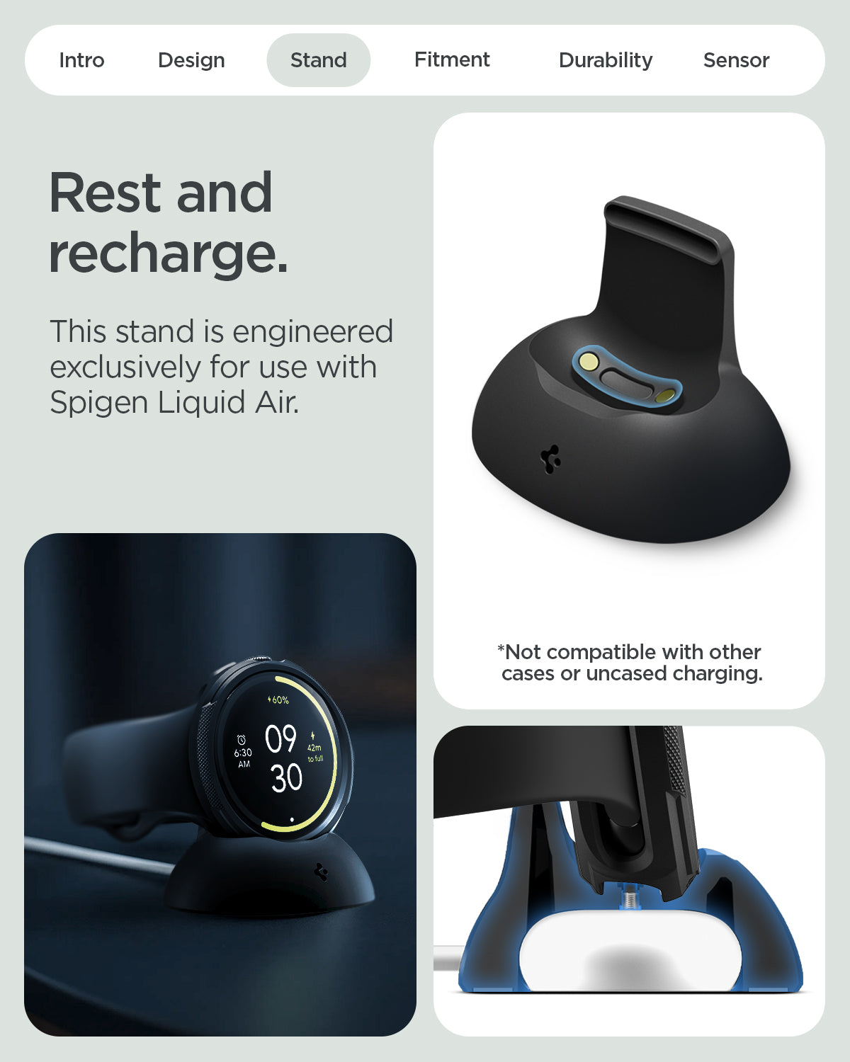 ACS11222 - Pixel Watch 4 (45mm) Case Liquid Air in black showing the rest and recharge. This stand is engineered exclusively for use with Spigen liquid air. Not compatible with other cases or uncased charging