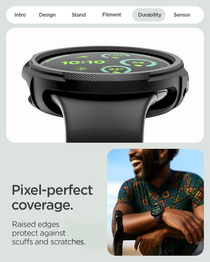 ACS11222 - Pixel Watch 4 (45mm) Case Liquid Air in black showing the pixel perfect coverage. Raised edges protect against scuffs and scratches