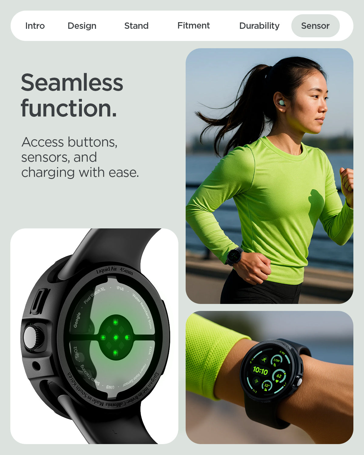 ACS11222 - Pixel Watch 4 (45mm) Case Liquid Air in black showing the seamless function. Access buttons, sensors and charging with ease