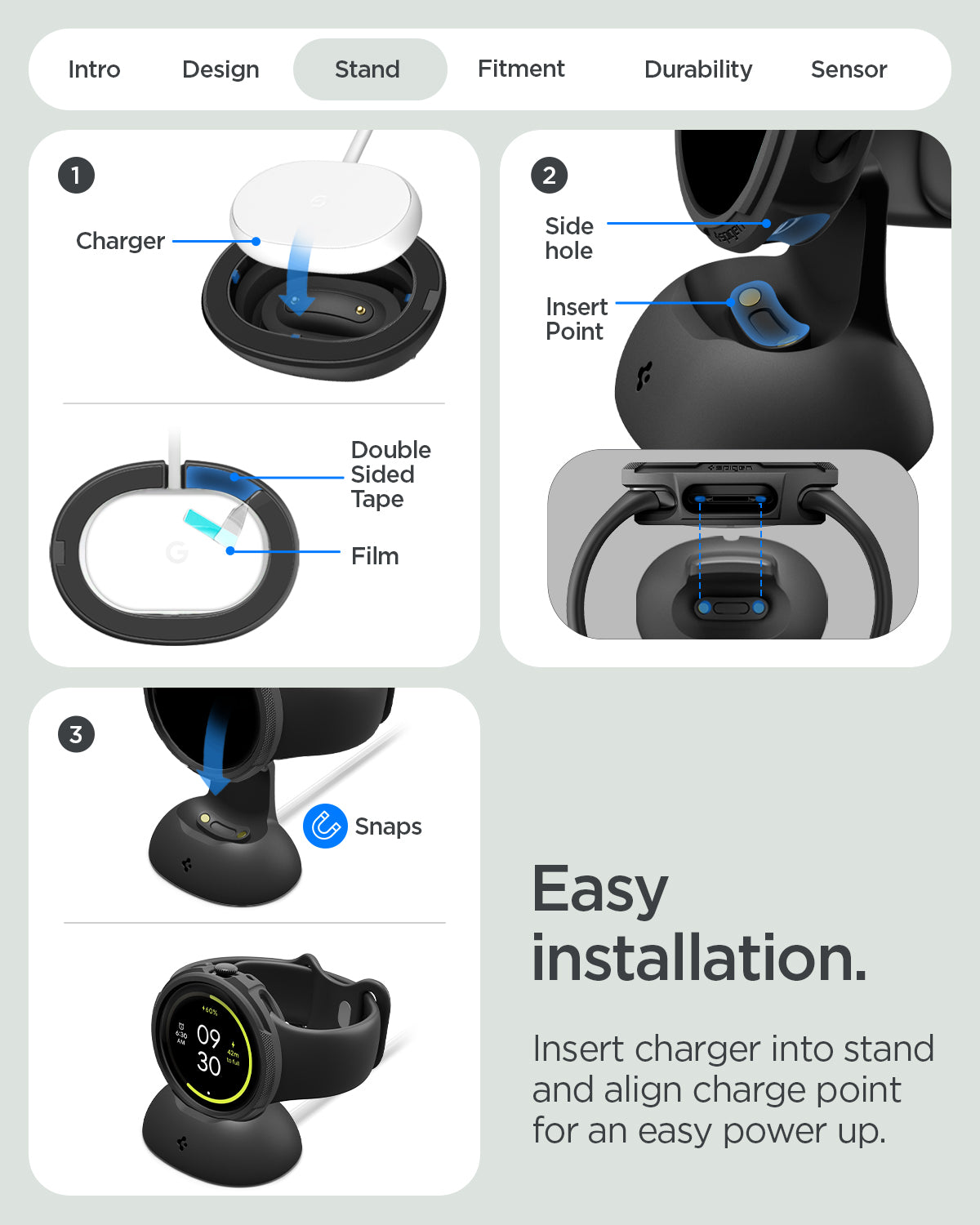ACS11222 - Pixel Watch 5 (45mm) Liquid Air Matte Black showing easy installation. lnsert charger into stand and align charge point for an easy power up.