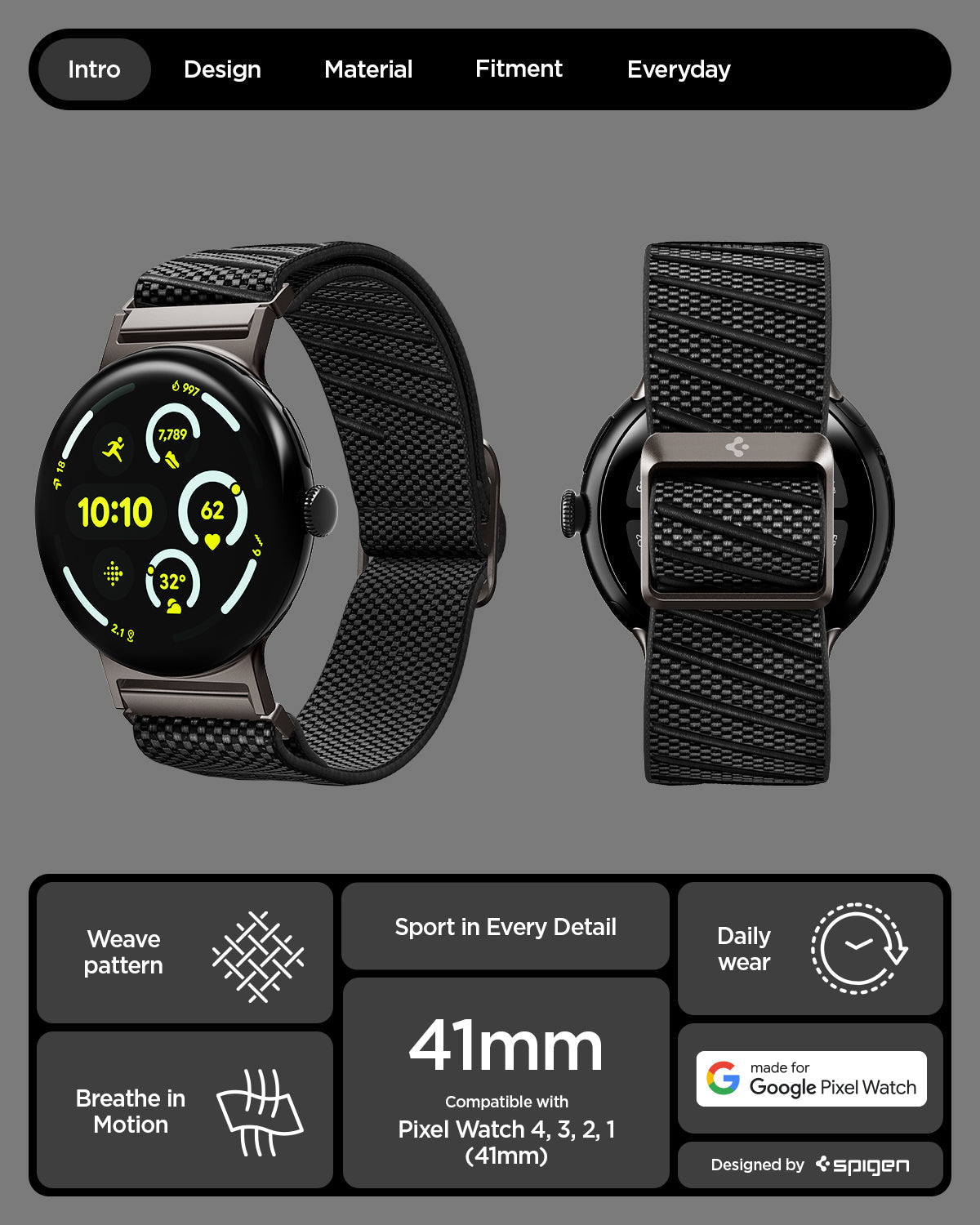 AMP11420 - Pixel Watch 4 41mm Lite Fit X Watch Band in black showing the features of band