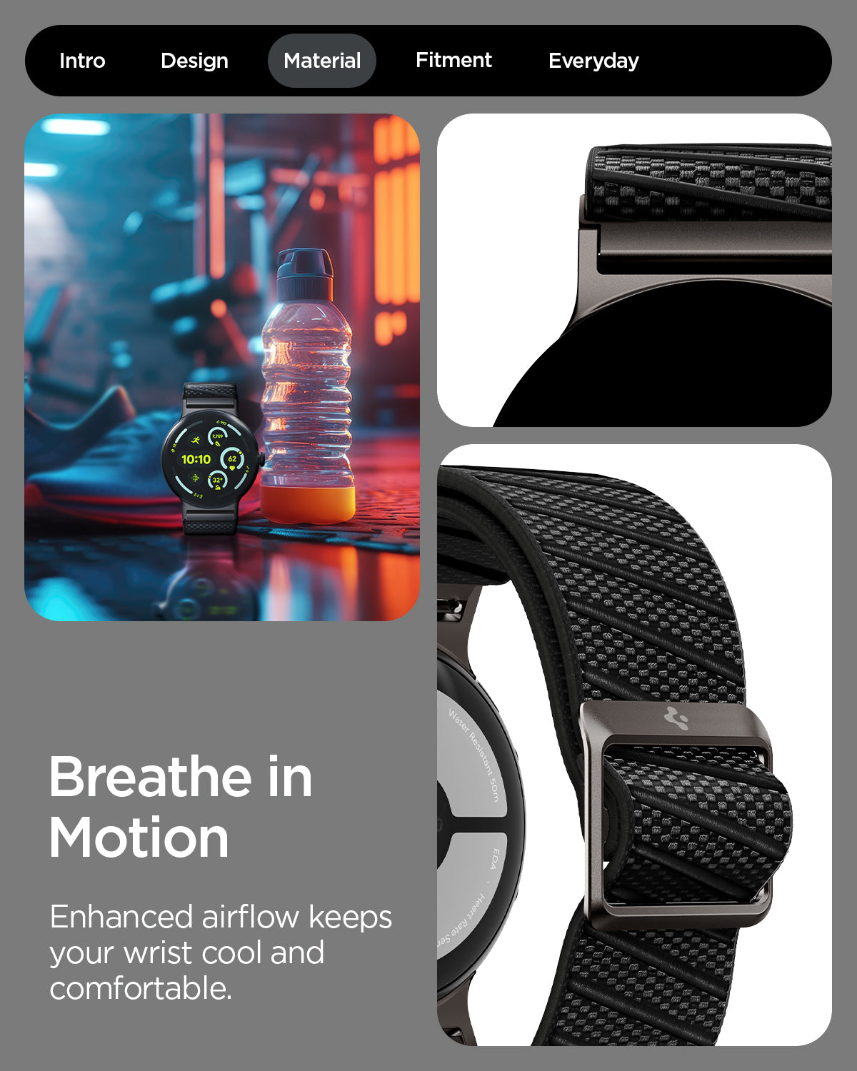 AMP11420 - Pixel Watch 4 41mm Lite Fit X Watch Band in black showing the breathe in motion