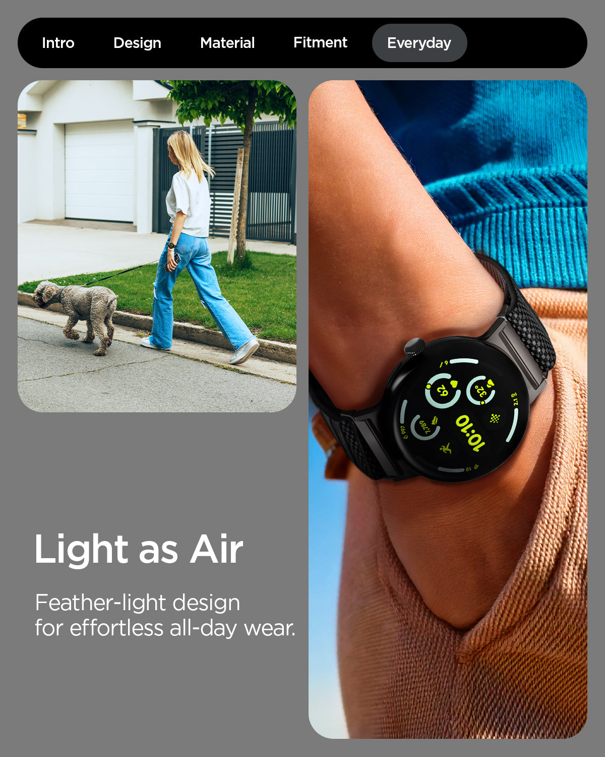 AMP11421 - Pixel Watch 4 45mm Lite Fit X Watch Band in black showing light as air feature